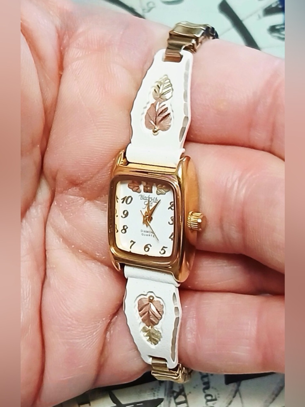 Black Hills Gold Women's White Leather Diamond Quartz Watch